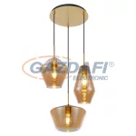   GLOBO 15435H3 COBY I Függeszték réz, borostyán színű üveggel, textil kábellel szerelve. Ø:530, H:1200, exkl. 3xE27 60W 230V