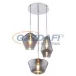   GLOBO 15436H3 COBY Függeszték króm mennyezetrózsával, füstszínű üveg búrával és textil kábellel. Ø:530, H:1200, exkl. 3xE27 60W 230V
