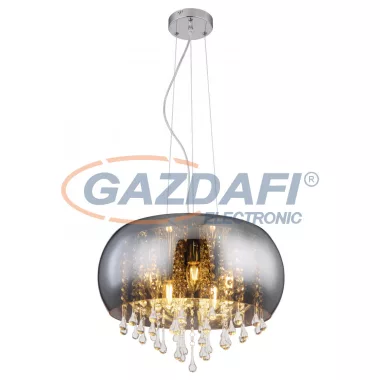 GLOBO 15809H1 KALLA Függeszték króm talp, füstszínű üveg búrával, benne üveg-kristály dekorral. Ø:440, H:1200, exkl. 5xE14 25W 230V