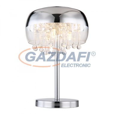 GLOBO 15837T KALLA Asztali lámpa króm talp, átlátszó üveg búra, króm csíkkal, üveg-kristály dekorációval. Ø:270, H:400, exkl. 3xG9 28W 230V
