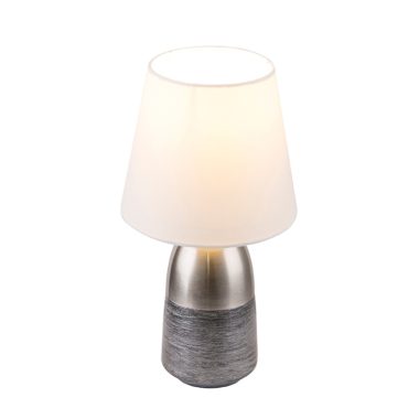 GLOBO 24135W EUGEN Asztali lámpa, 40W, E14, fém, szálcsiszolt, nikkel matt, textil, fehér, ezüst