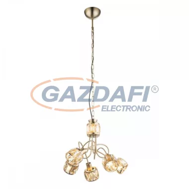 GLOBO 54358-5H MERO Függeszték , 40W , 5x E14 , 3000 K , 305 Lm , antik arany , sárgaráz , üveg kristály , borostyán