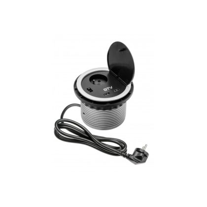   GTV AE-BPW1U2UCH-80 Asztali süllyesztett konnektor TÖLTŐ 1xFRANCIA foglalat, 220-240V AC max. 3600W, IP20, USB 5V 2A, kábellel 1.5 m és dugó, ezüst
