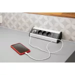   GTV AE-PBKT3U2U-80 Sarok konnektor, 2xUSB 2.1A 5V, 220-240V AC max. 3600W,IP20,kábellel 1.5 m és dugós,(ezüst),FRANCIA