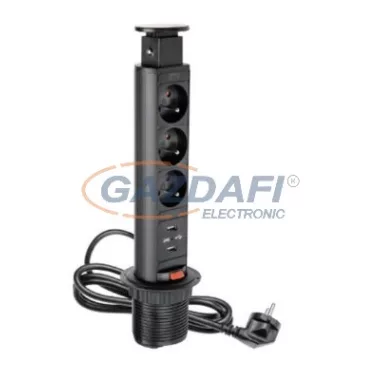GTV AE-BPW3S60U-20 Süllyeszthető elosztó 3 alj, 2 USB, SCHUKO, 2,1A 5V,  AC220-240V, 3600W, IP20, 1,5m, fekete