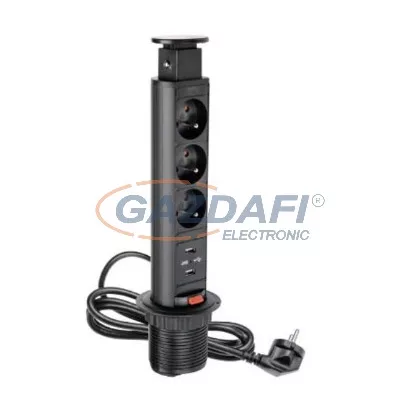   GTV AE-BPW3S60U-20 Süllyeszthető elosztó 3 alj, 2 USB, SCHUKO, 2,1A 5V,  AC220-240V, 3600W, IP20, 1,5m, fekete
