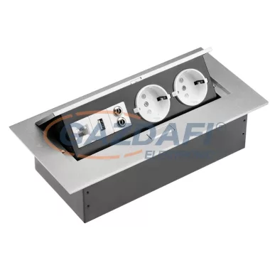 GTV AE-PB02GS-53 Süllyeszthető elosztó 2 aljzat, 1 USB, audio ki-/bemenet, internet bemenet, AC220-240V, max 3600W, IP20, 1,5m, alumínium, SCHUKO