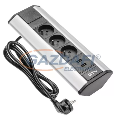  GTV AE-PBKT3S2U-80 Sarok elosztó 2 aljzat, 2xUSB, AC220-240V, 3600W, IP20, 16A, 1,5m, SCHUKO, ezüst