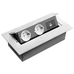   GTV AE-PBU02GS-10 Irodai asztalba süllyeszthető elosztó, fém házzal, (2P+F)x2+1USB+1xCAT5e+audió ki/be menet, SCHUKO