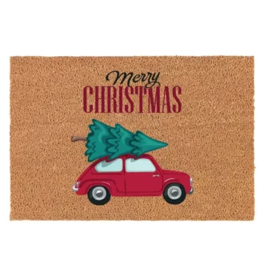 DD60257 Lábtörlő autóval, Merry Christmas, kókuszrost, 40x60cm, natúr