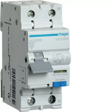 HAGER AD920B Áramvédős kismegszakító 1P+N, B-20A, 30mA, 6kA, AC HAGER AD920B Áramvédős kismegszakító 1P+N, B-20A, 30mA, 6kA, AC