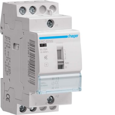 HAGER ERC625S Csendes mágneskapcsoló, 2Z, 25A, 230V AC, I-0-II, moduláris, növelt kapcs.telj.