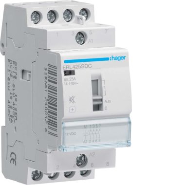 HAGER ERL425SDC Csendes mágneskapcsoló, 4Z, 25A, 12V DC, I-0-II, moduláris