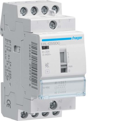   HAGER ERL425SDC Csendes mágneskapcsoló, 4Z, 25A, 12V DC, I-0-II, moduláris