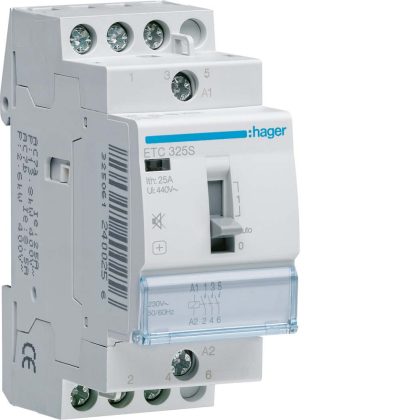   HAGER ETC325S Csendes mágneskapcsoló, 3Z, 25A, 230V AC, I-0-II, moduláris, kézzel is kapcs.
