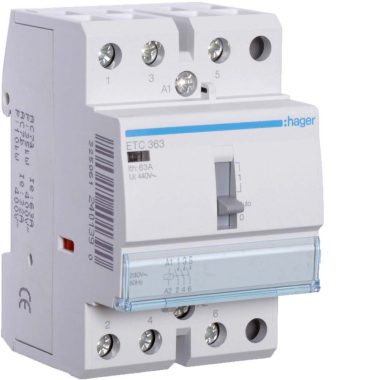 HAGER ETC363 Mágneskapcsoló, 3Z, 63A, 230V AC, I-0-II, moduláris, kézzel is kapcsolható