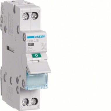 HAGER SBB225 Leválasztókapcsoló jelzőlámpával, 2P, 25A, moduláris, 1M, lámpa: kapcsolt táp/kapcsolt elmenő