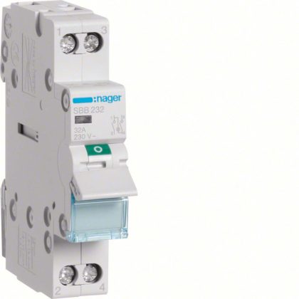   HAGER SBB232 Leválasztókapcsoló jelzőlámpával, 2P, 32A, moduláris, 1M, lámpa: kapcsolt táp/kapcsolt elmenő