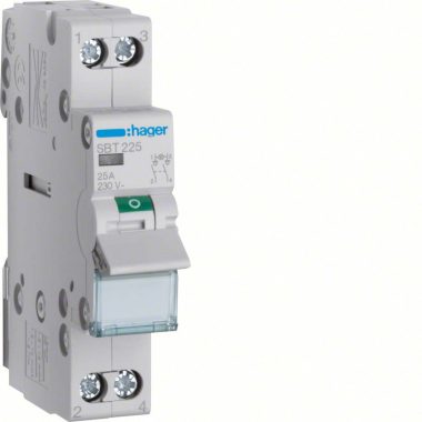 HAGER SBT225 Leválasztó kapcsoló  jelzőlámpával, 2P, 25A, moduláris, 1M, lámpa: direkt táp/direkt elmenő