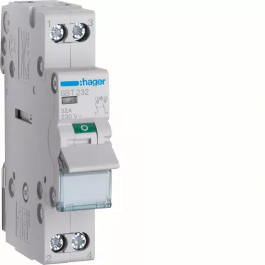 HAGER SBT232 Leválasztó kapcsoló  jelzőlámpával, 2P, 32A, moduláris, 1M, lámpa: direkt táp/direkt elmenő
