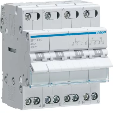 HAGER SFT440 Választókapcsoló, 4P, 40A, I-0-II, moduláris, 4M, közös pont felül