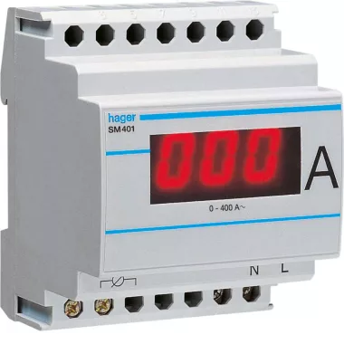HAGER SM401 Digitális ampermérő, 1 fázisú, áramváltós mérés, 400A-ig, moduláris