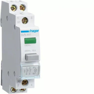 HAGER SVN441 Nyomógomb, 2NY, 16A, 230V AC, zöld LED-del, moduláris, 1M HAGER SVN441 Nyomógomb, 2NY, 16A, 230V AC, zöld LED-del, moduláris, 1M