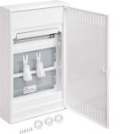   HAGER VA36NW Volta multimédia elosztó, perforált fém ajtóval, falon kívüli, 3 soros, szerelőlappal, dugaljjal, Patch panellel