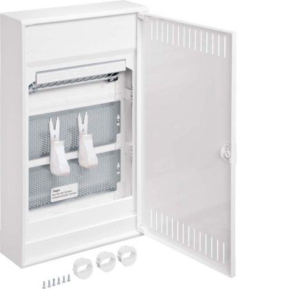   HAGER VA36NW Volta multimédia elosztó, perforált fém ajtóval, falon kívüli, 3 soros, szerelőlappal, dugaljjal, Patch panellel