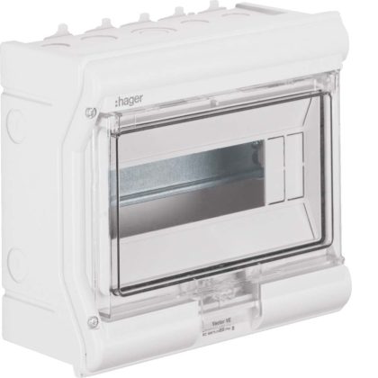   HAGER VE110PN Vector elosztó, IP65, 10 modul, UV álló, kikönnyített kábelbevezetéssel. 210x237x114mm
