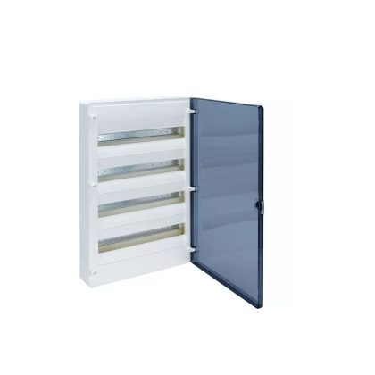   HAGER VS412TD Golf kiselosztó, 4 soros, 48M, falon kívüli, átlátszó ajtó, 647x282x99mm