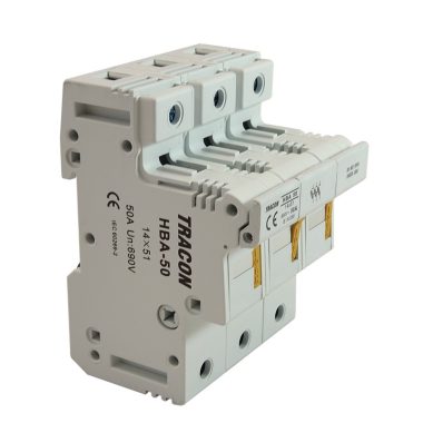 TRACON HBA-3P-50 Szakaszolókapcsoló-biztosítóhengeres bizt.hoz, maszkolható 50A, 14x51mm; 
