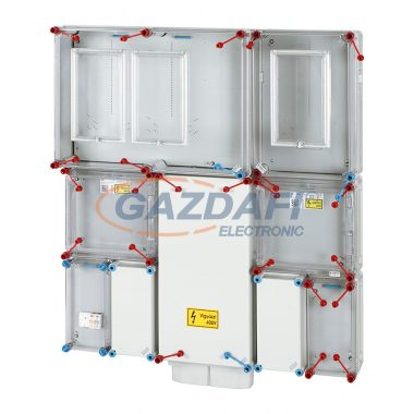 HENSEL HB333KF4D-U 1 és 3 fázisú három mérőhelyes fogyasztásmérő szekrény minden napszaki (80 A), vezérelt (32 A) és H-tarifa (63 A) méréshez, IP44, 900x1130x270mm