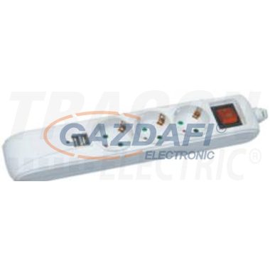 TRACON HK3-USB Hordozható elosztósáv kapcsolóval fehér, 2×USB port 3×SCHUKO,16A/250VAC,3680W, 1,4m, 3×1,5mm2, H05VV-F, USB:2.1A