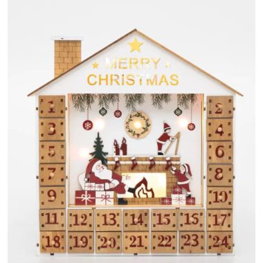 Home KLW24 LED-es adventi naptár, 10 db melegfehér LED, fa és műanyag, elemes tápellátás, beltéri kivitel