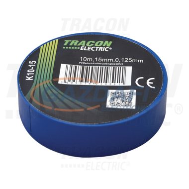 TRACON K10-15 Szigetelőszalag, kék 10m×15mm, PVC, 0-90°C, 40kV/mm, 10 db/csomag