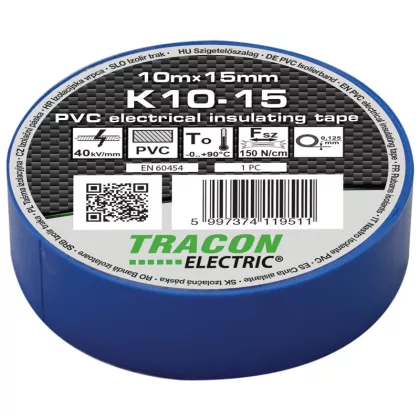   TRACON K10-15 Szigetelőszalag, kék 10m×15mm, PVC, 0-90°C, 40kV/mm