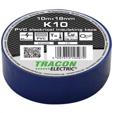 TRACON K10 Szigetelőszalag, kék 10m×18mm, PVC, 0-90°C, 40kV/mm