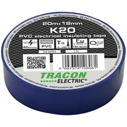   TRACON K20 Szigetelőszalag, kék 20m×18mm, PVC, 0-90°C, 40kV/mm