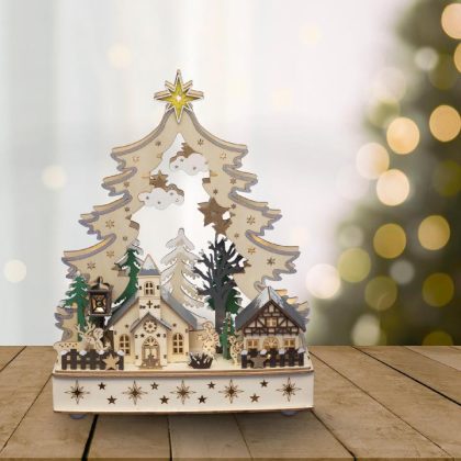   Home KAD26 karácsonyi falu asztali dísz, beltéri kivitel, 12 db melegfehér LED, lézerrel kivágott fa motívumok