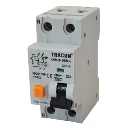 TRACON KVKM-6/100 Kombinált védőkapcsoló, 2P, 2 modul, C karakterisztika 6A, 100 mA, 6kA, 