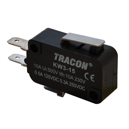   TRACON KW3-15 Helyzetkapcsoló, mikro, rugószáras 1×CO 10A/230VAC, 0,3A/250VDC, 15mm, 4,8x0,5 mm, IP00