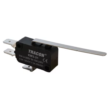 TRACON KW3-21 Helyzetkapcsoló, mikro, rugószáras 1×CO 10A/230VAC, 0,3A/250VDC, 52mm, 6,3x0,8 mm, IP00