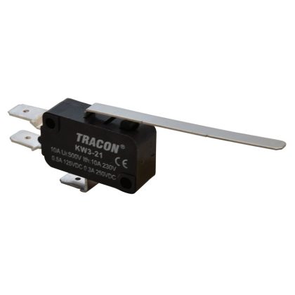   TRACON KW3-21 Helyzetkapcsoló, mikro, rugószáras 1×CO 10A/230VAC, 0,3A/250VDC, 52mm, 6,3x0,8 mm, IP00
