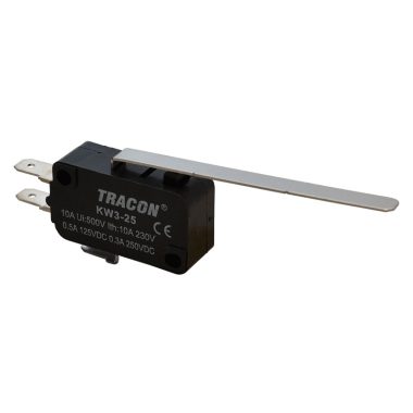TRACON KW3-25 Helyzetkapcsoló, mikro, rugószáras 1×CO 10A/230VAC, 0,3A/250VDC, 52mm, 4,8x0,5 mm, IP00