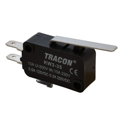   TRACON KW3-35 Helyzetkapcsoló, mikro, rugószáras 1×CO 10A/230VAC, 0,3A/250VDC, 28mm, 4,8x0,5 mm, IP00