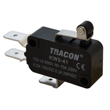 TRACON KW3-41 Helyzetkapcsoló, mikro, karos-görgős 1×CO 10A/230VAC, 0,3A/250VDC, 15mm, 6,3x0,8 mm, IP00
