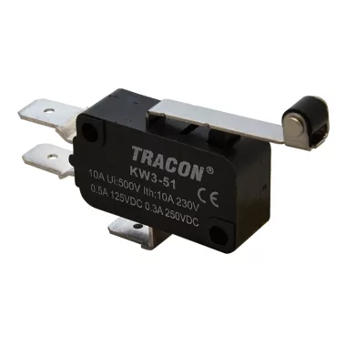 TRACON KW3-51 Helyzetkapcsoló, mikro, karos-görgős 1×CO 10A/230VAC, 0,3A/250VDC, 28mm, 6,3x0,8 mm, IP00
