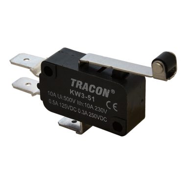 TRACON KW3-51 Helyzetkapcsoló, mikro, karos-görgős 1×CO 10A/230VAC, 0,3A/250VDC, 28mm, 6,3