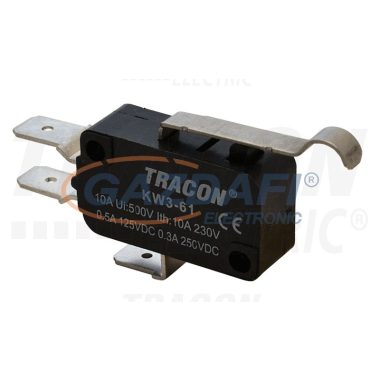 TRACON KW3-61 Helyzetkapcsoló, mikro, íves-rugószár 1×CO 10(3)A/230V, 28mm, 6,3x0,8 mm, IP00